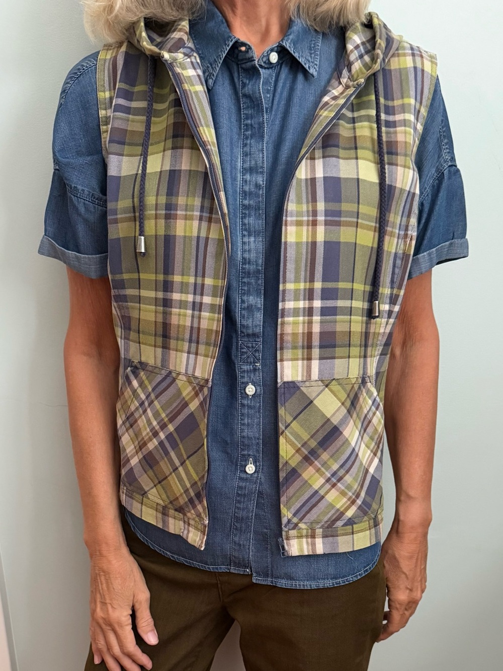 Christopher & Banks Plaid Hooded Vest in Olive, Navy & Tan